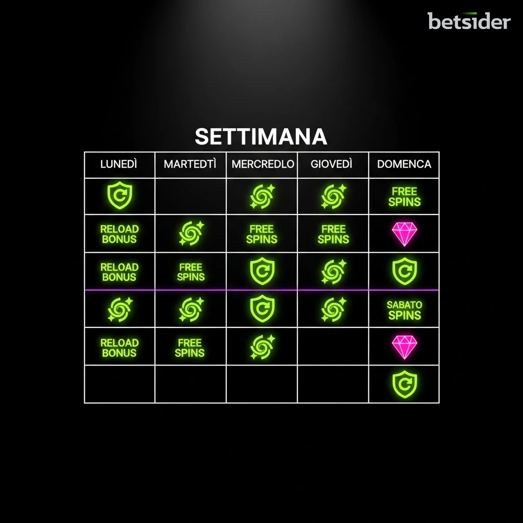 Un calendario promozionale che mostra i bonus settimanali e i giri gratuiti disponibili su Betsider.