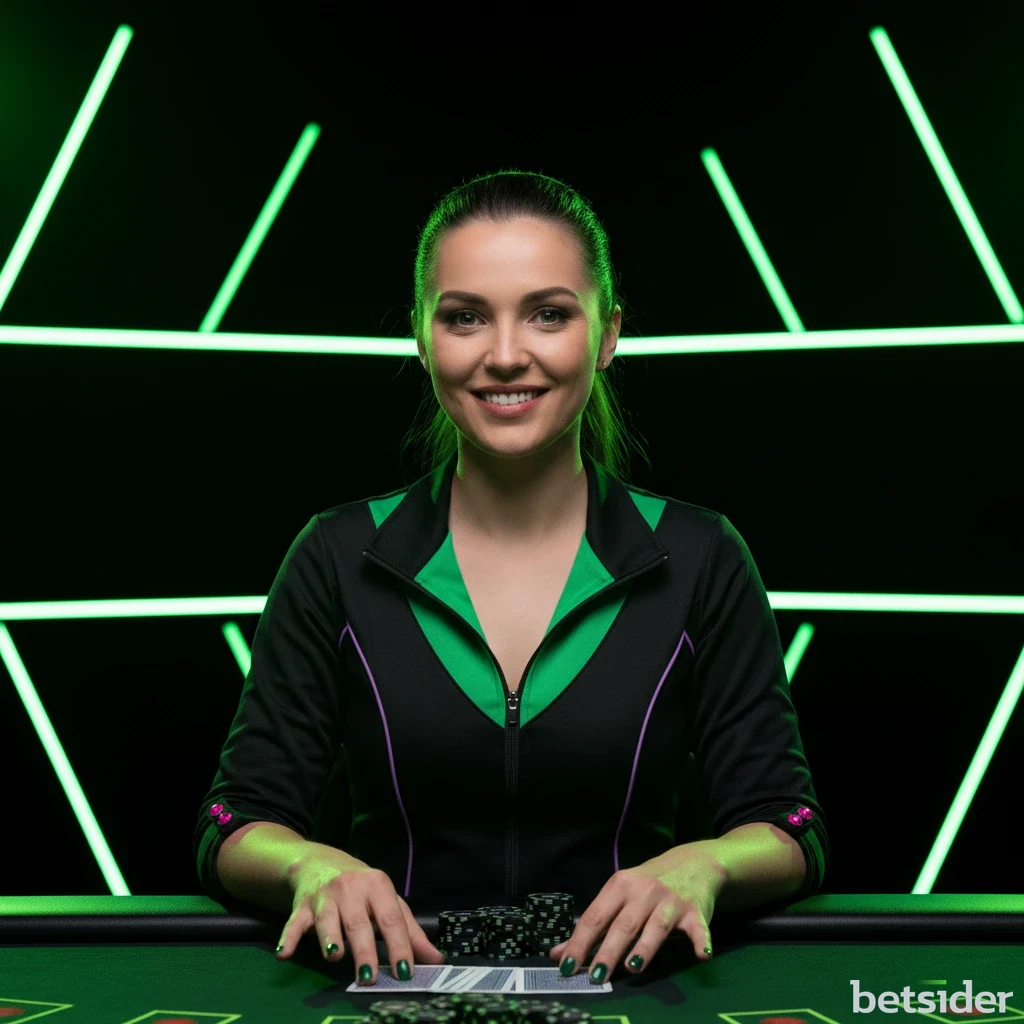 Croupier professionista sorridente a un tavolo da blackjack live