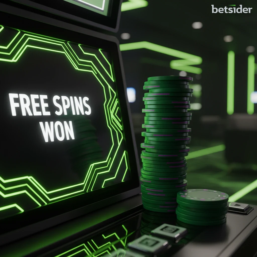 Una slot machine che mostra la scritta Free Spins accanto a delle fiches da casinò.